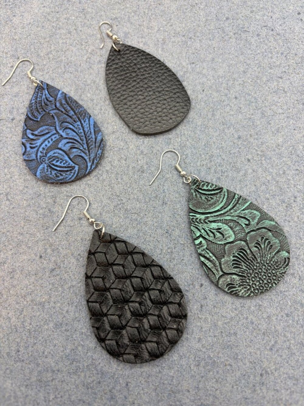 Teardrop Earrings Single Lot of 4 Embossed Iridescent Leather Blue Black Green